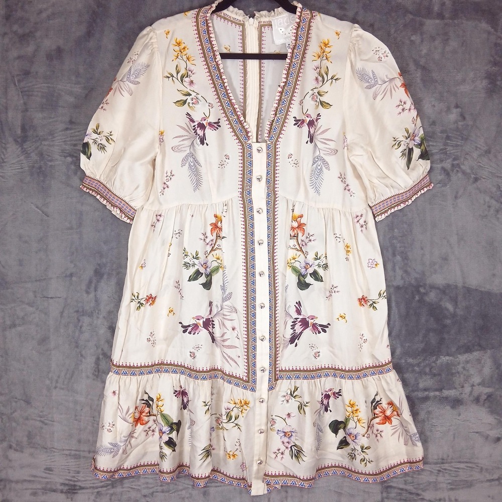 Johnny Was Jade Loren Mini Dress Womens M Willah Floral Bird Puff Sleeve NWT